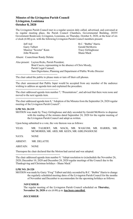 Minutes of the Livingston Parish Council Livingston, Louisiana October 8, 2020