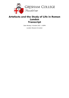 Artefacts and the Study of Life in Roman London Transcript