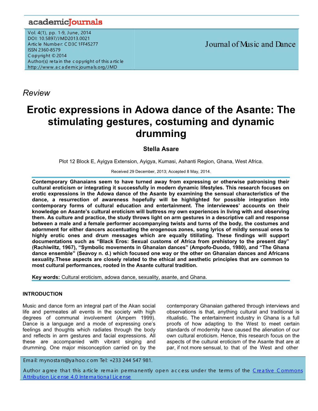 Erotic Expressions in Adowa Dance of the Asante: the Stimulating Gestures, Costuming and Dynamic Drumming