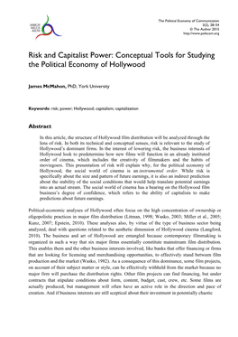 Risk and Capitalist Power: Conceptual Tools for Studying the Political Economy of Hollywood