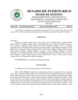 Senado De Puerto Rico Diario De Sesiones Procedimientos Y Debates De La Decimosexta Asamblea Legislativa Quinta Sesion Ordinaria Año 2011 Vol