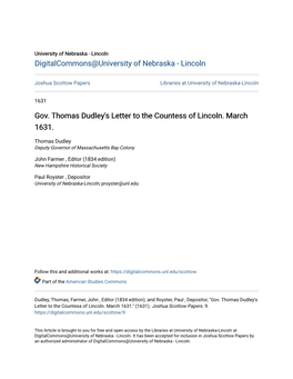 Gov. Thomas Dudley's Letter to the Countess of Lincoln. March 1631