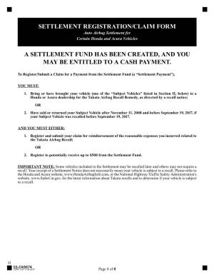Honda Settlement Registration/Claim Form