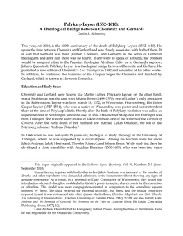 Polykarp Leyser (1552–1610): a Theological Bridge Between Chemnitz and Gerhard 1 Gaylin R