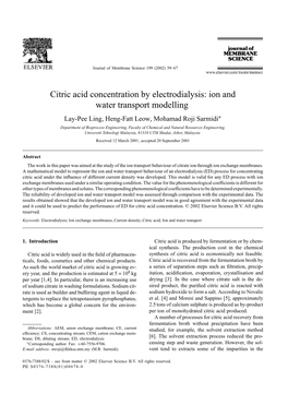 Citric Acid Concentration by Electrodialysis: Ion and Water Transport Modelling