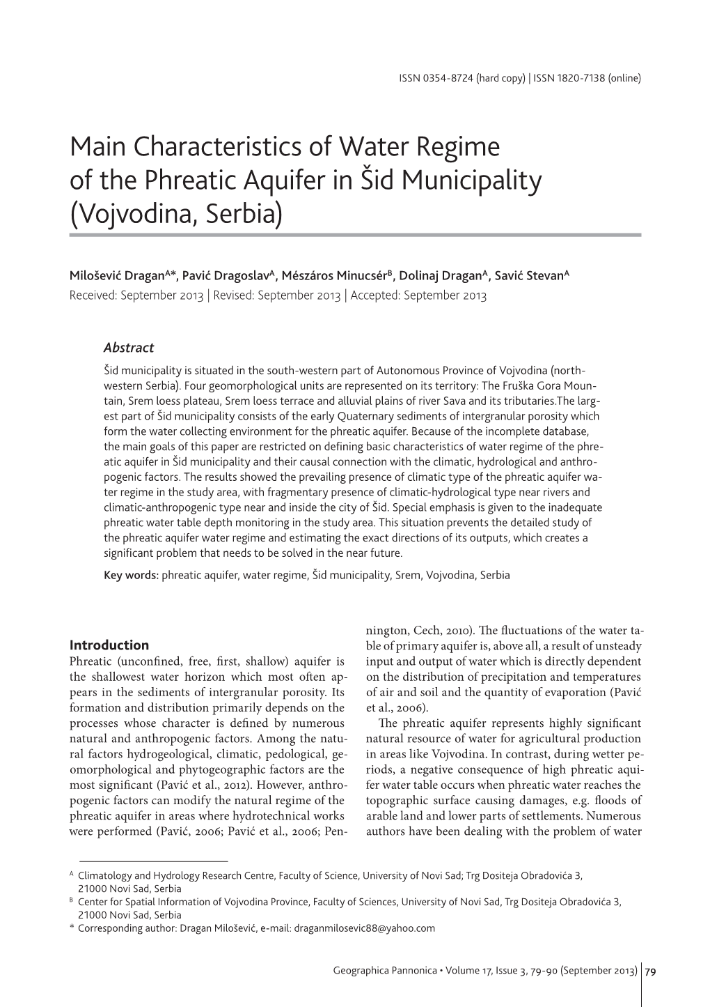 Characteristics of Water Regime of the Phreatic Aquifer in Šid Municipality (Vojvodina, Serbia)