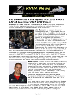Rob Sumner and Keith Espirito Will Coach KVHA's 12U A1 Selects For