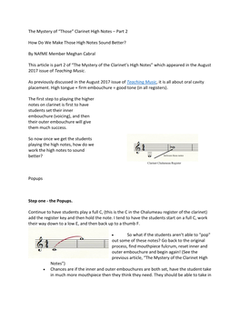The Mystery of “Those” Clarinet High Notes – Part 2 How Do We Make