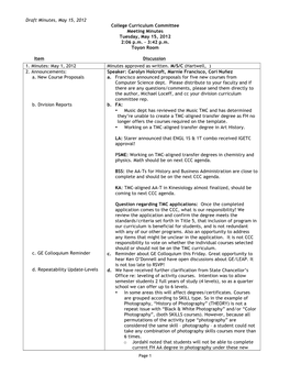 Draft Minutes, May 15, 2012 College Curriculum Committee Meeting Minutes Tuesday, May 15, 2012 2:06 P.M