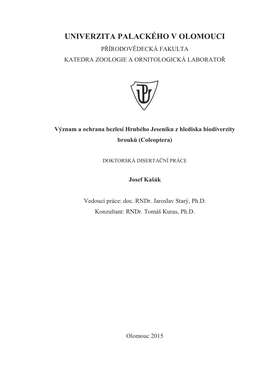 Univerzita Palackého V Olomouci PÍrodov Decká Fakulta Katedra Zoologie a Ornitologická Laborato 