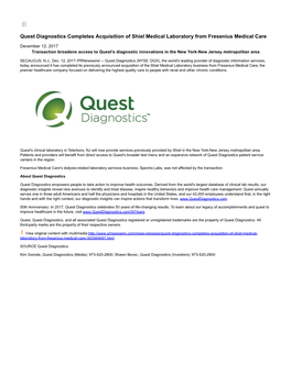 Quest Diagnostics Completes Acquisition of Shiel Medical Laboratory from Fresenius Medical Care
