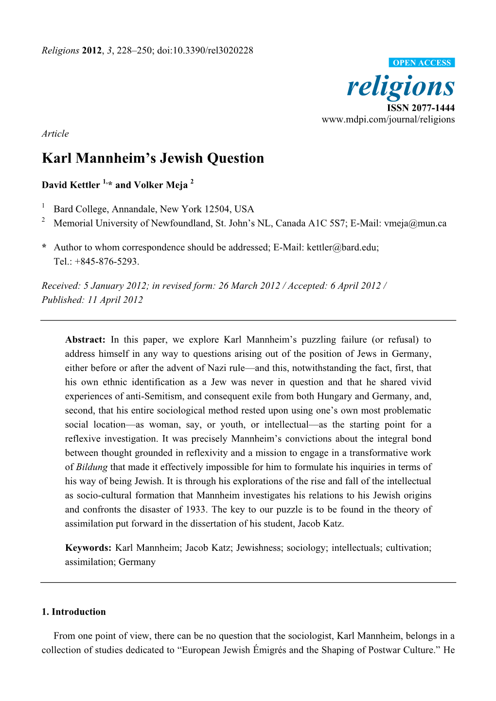 Karl Mannheim's Jewish Question