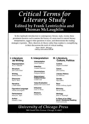 Critical Terms for Literary Study Edited by Frank Lentricchia and Thomas Mclaughlin