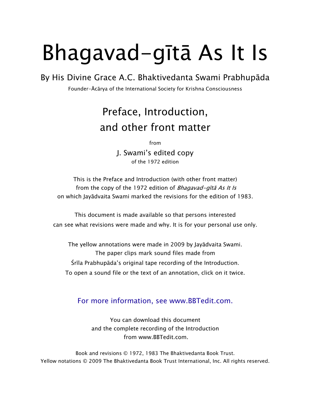 Bhagavad-Gita As It Is, Preface and Intro, 72 Gita Showing Revisions