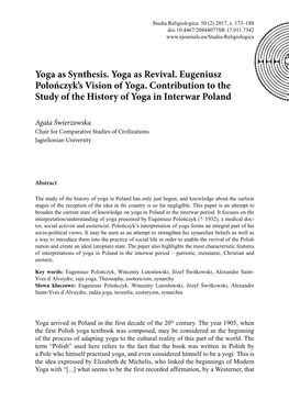 Yoga As Synthesis. Yoga As Revival. Eugeniusz Polończyk's Vision Of