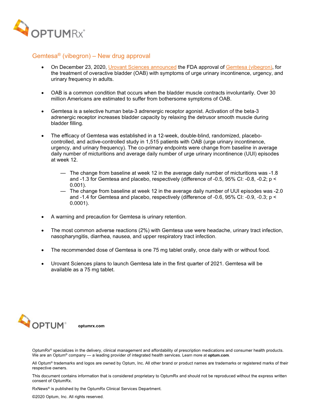 Gemtesa® (Vibegron) – New Drug Approval