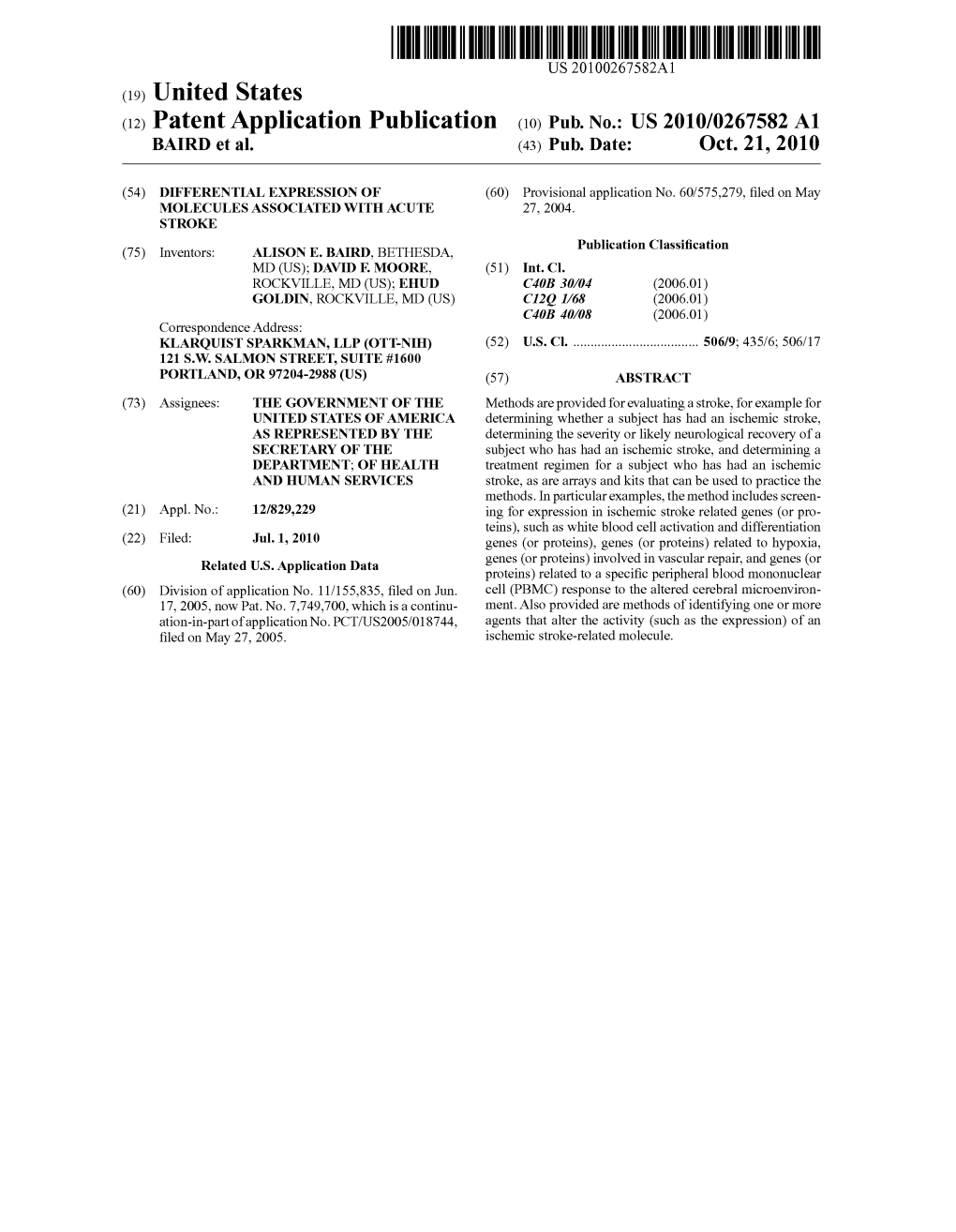 (12) Patent Application Publication (10) Pub. No.: US 2010/0267582 A1 BARD Et Al