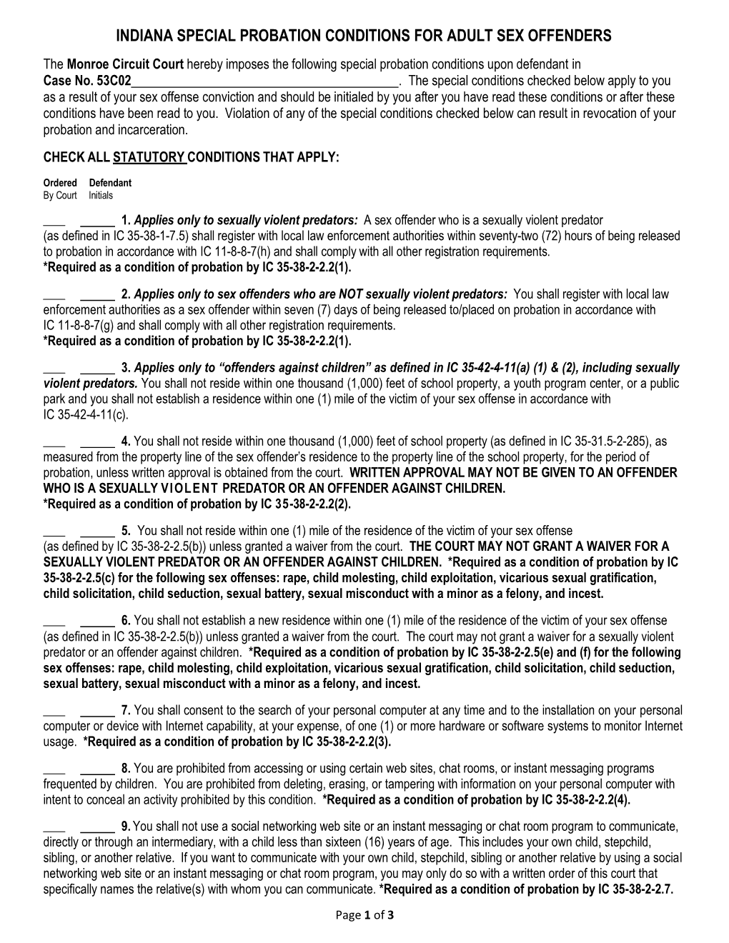 Indiana Special Probation Conditions for Adult Sex Offenders