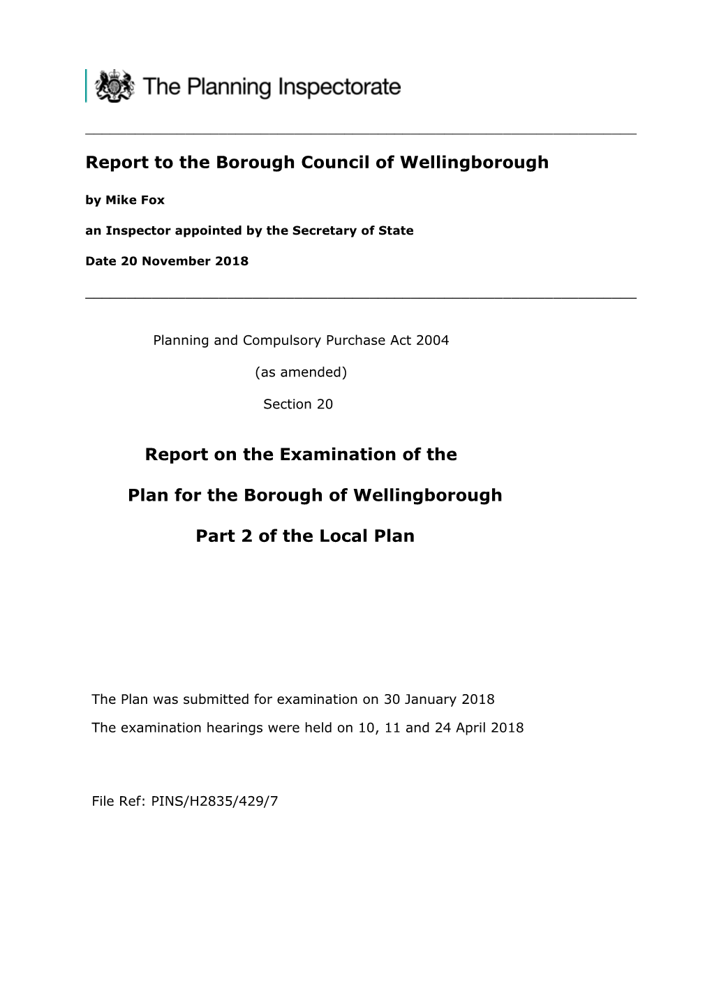 Wellingborough Part 2 Local Plan Inspector's Report