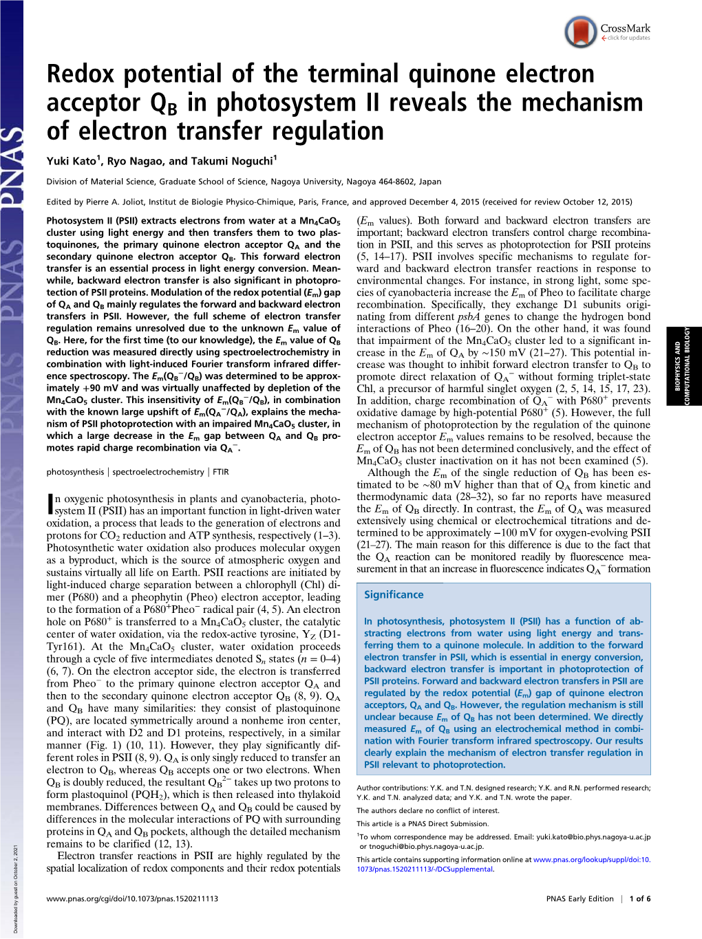 Redox Potential of the Terminal Quinone Electron Acceptor QB in Photosystem II Reveals the Mechanism of Electron Transfer Regulation