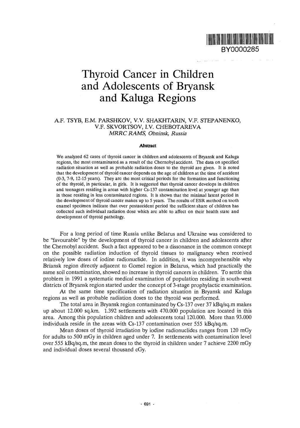 Thyroid Cancer in Children and Adolescents of Bryansk and Kaluga Regions