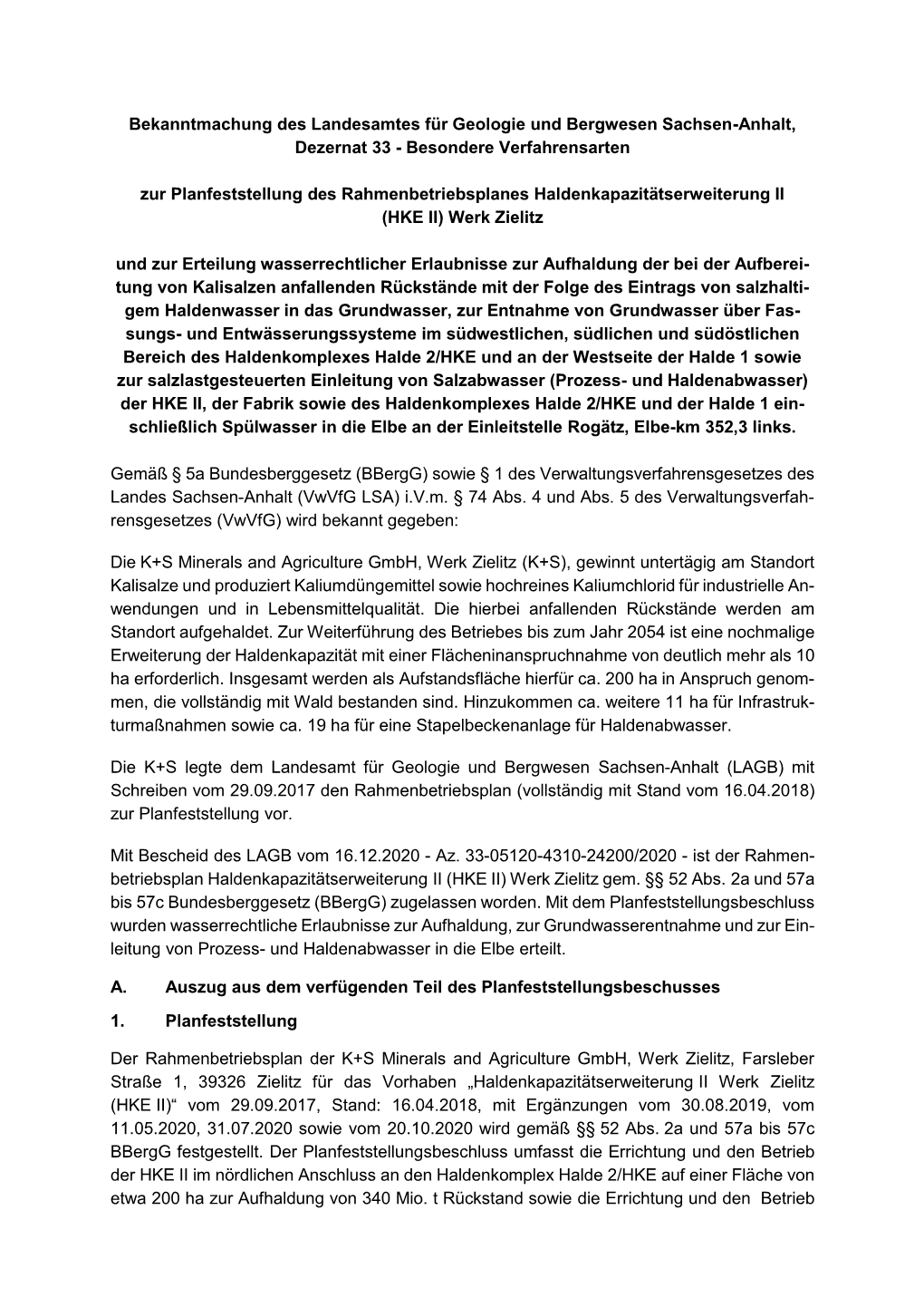 Bekanntmachung Des Landesamtes Für Geologie Und Bergwesen Sachsen-Anhalt, Dezernat 33 - Besondere Verfahrensarten