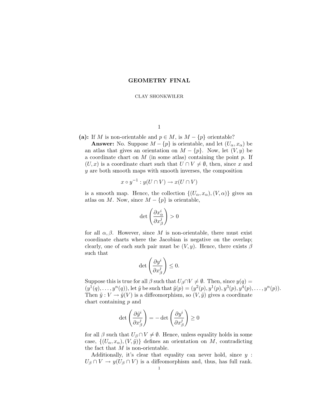 GEOMETRY FINAL 1 (A): If M Is Non-Orientable and P ∈ M, Is M