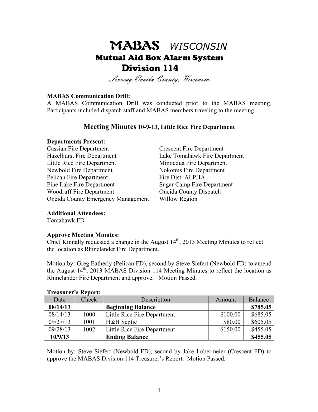 MABAS WISCONSIN Mutual Aid Box Alarm System Division 114 Serving Oneida County, Wisconsin