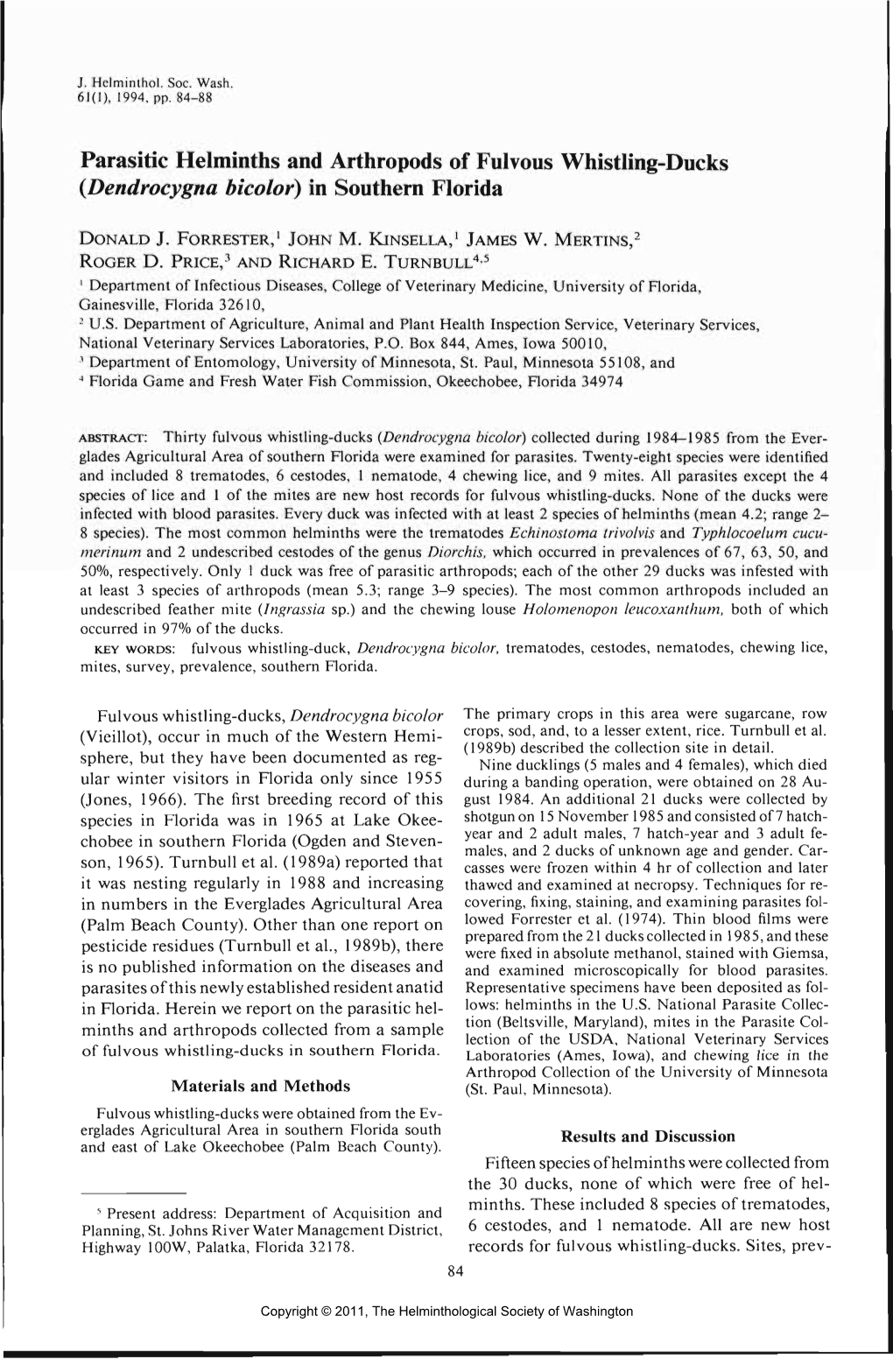 Parasitic Helminths and Arthropods of Fulvous Whistling-Ducks (Dendrocygna Bicolor) in Southern Florida