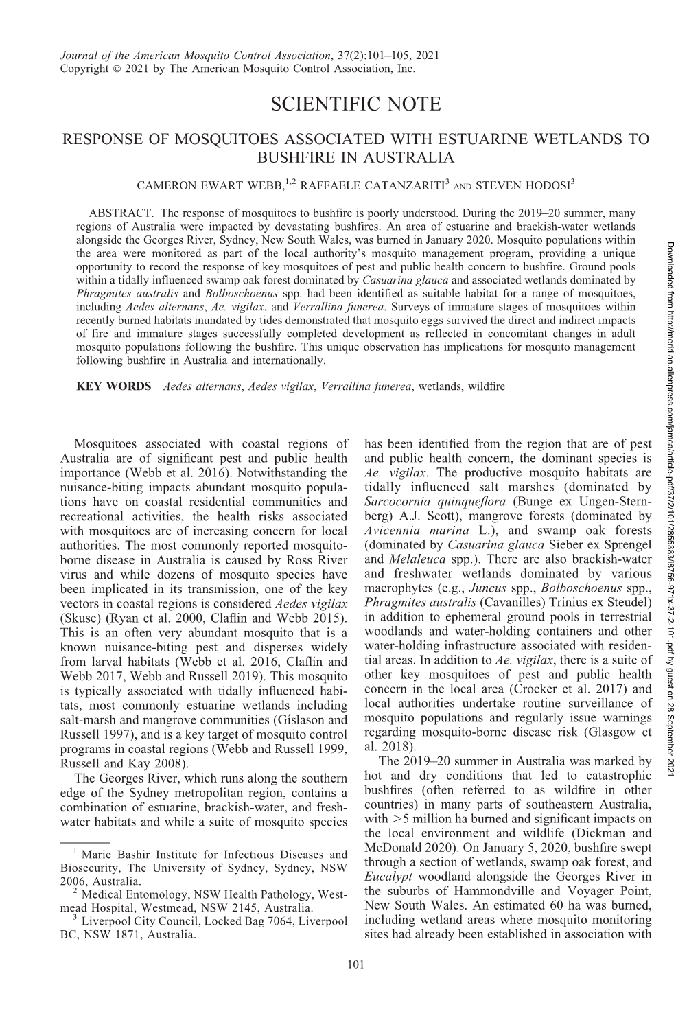 Response of Mosquitoes Associated with Estuarine Wetlands to Bushfire in Australia