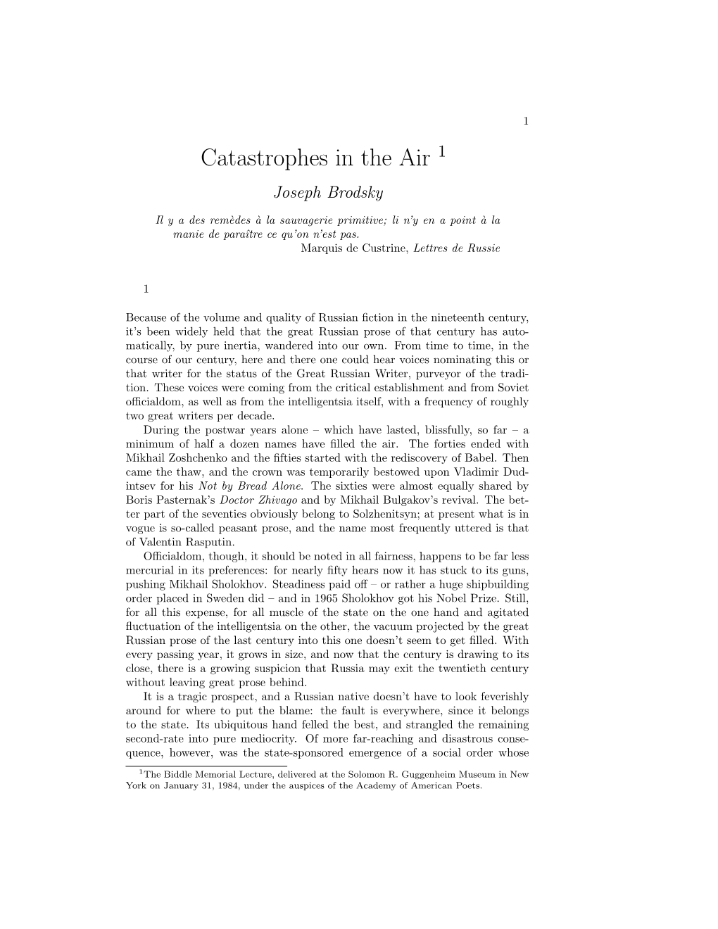 Catastrophes in the Air 1 Joseph Brodsky