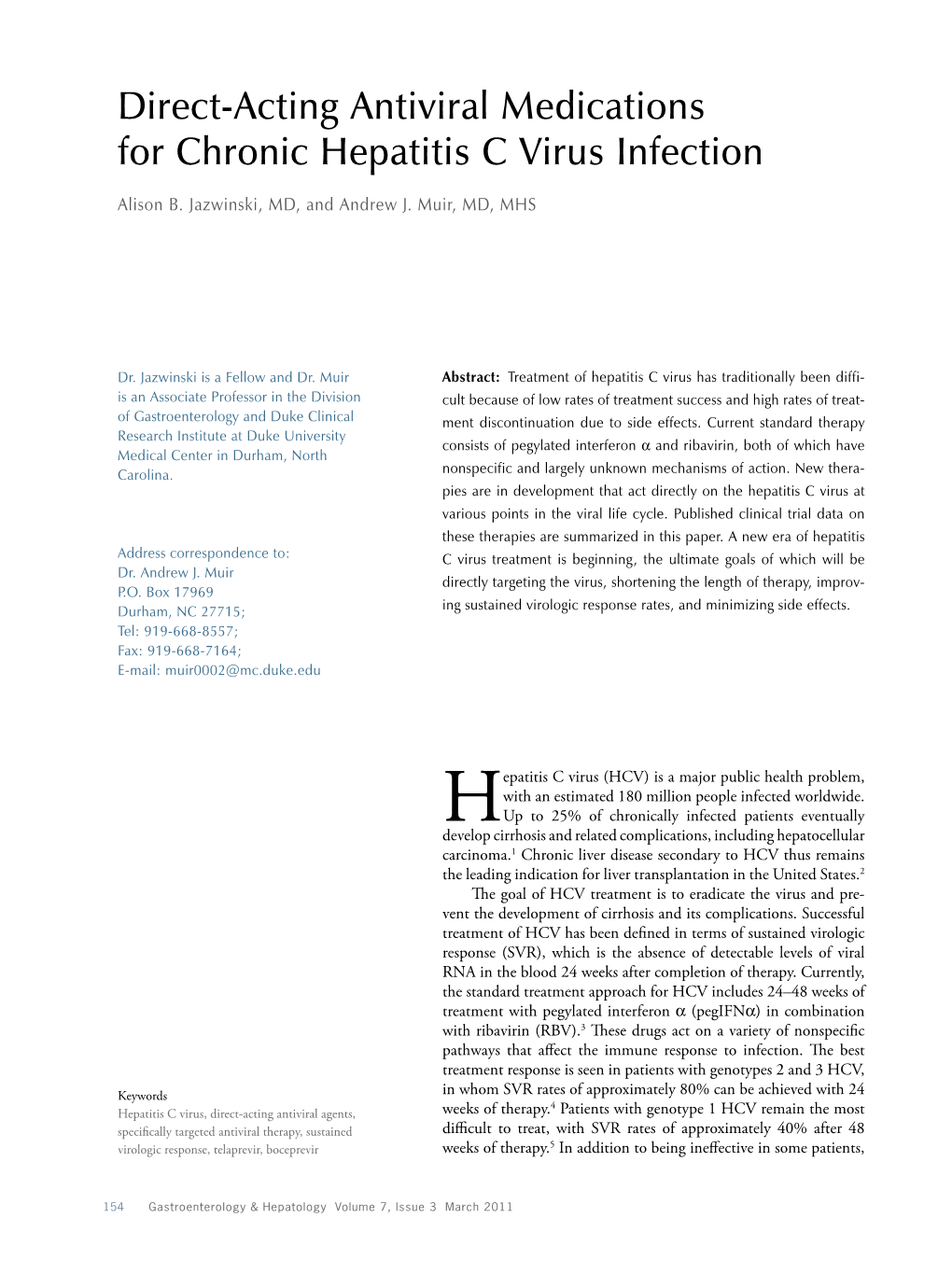 Direct-Acting Antiviral Medications for Chronic Hepatitis C Virus Infection