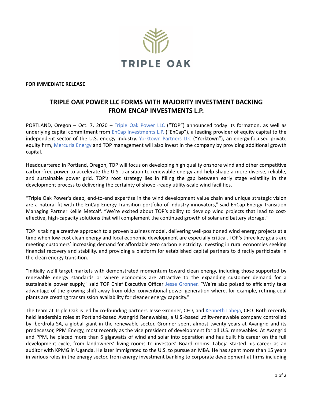 Triple Oak Power Llc Forms with Majority Investment Backing from Encap Investments L.P