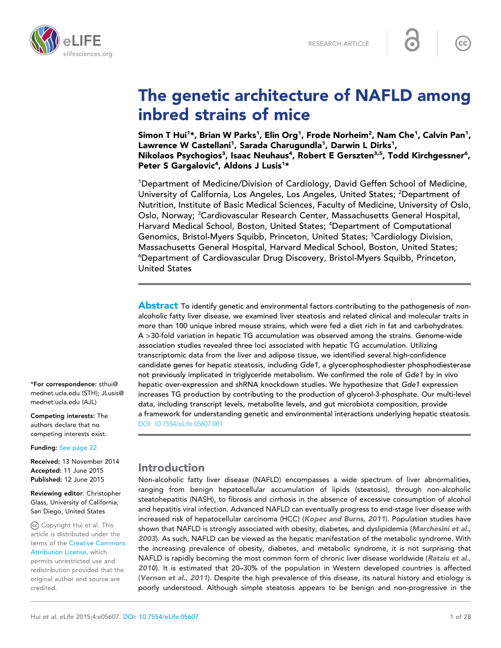 The Genetic Architecture of NAFLD Among Inbred Strains of Mice