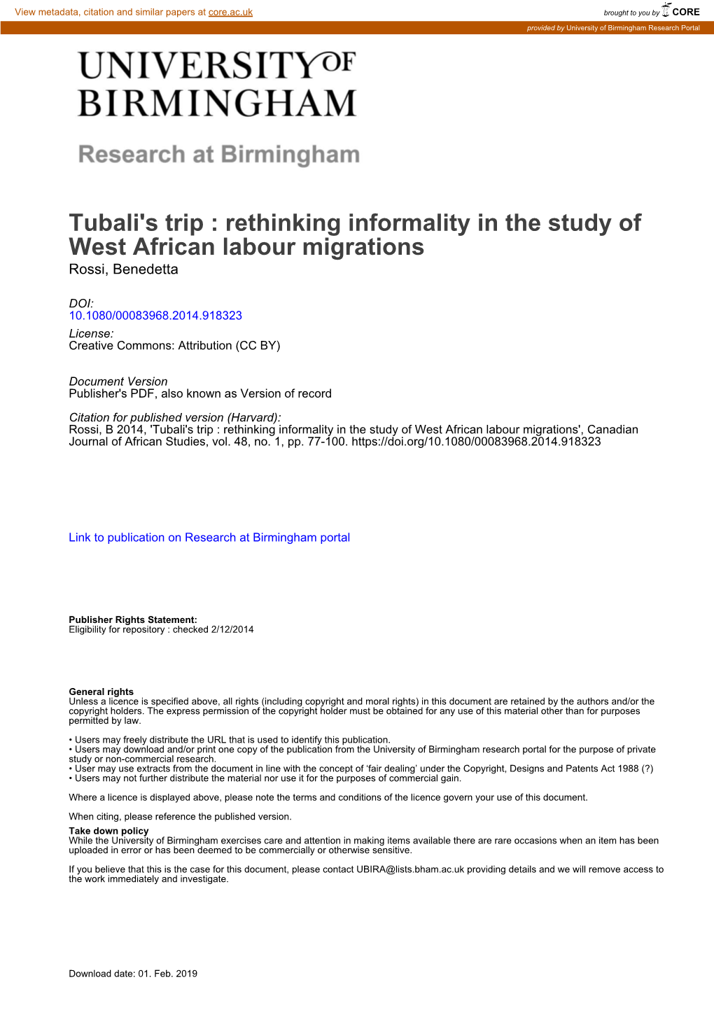 Rethinking Informality in the Study of West African Labour Migrations Rossi, Benedetta