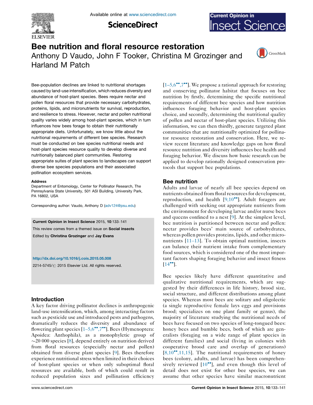 Bee Nutrition and Floral Resource Restoration Vaudo Et Al