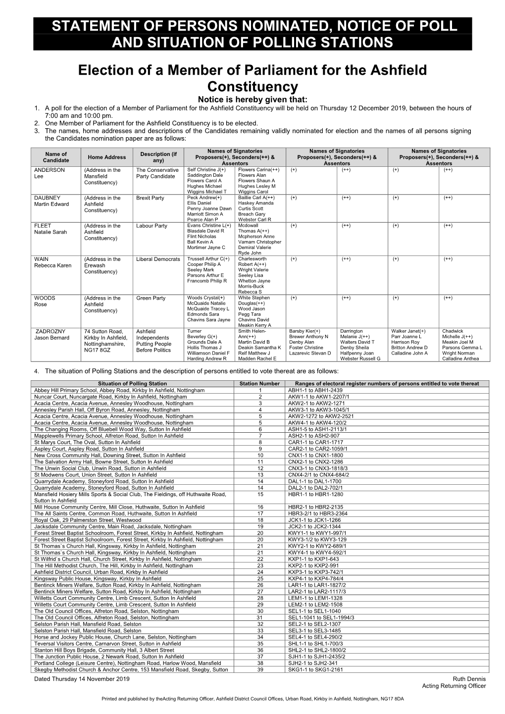 STATEMENT of PERSONS NOMINATED, NOTICE of POLL and SITUATION of POLLING STATIONS Election of a Member of Parliament for the Ashf