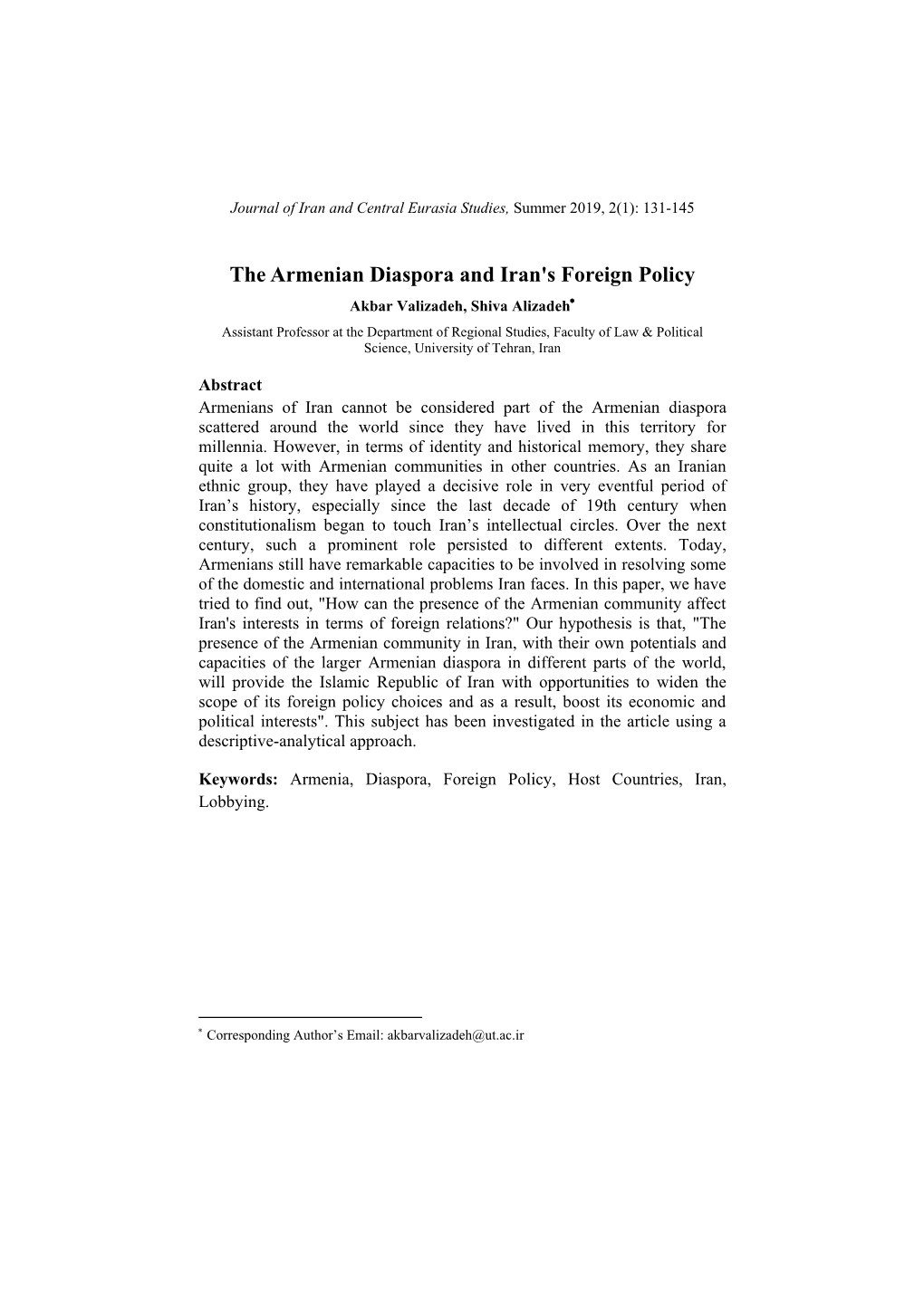 The Armenian Diaspora and Iran's Foreign Policy