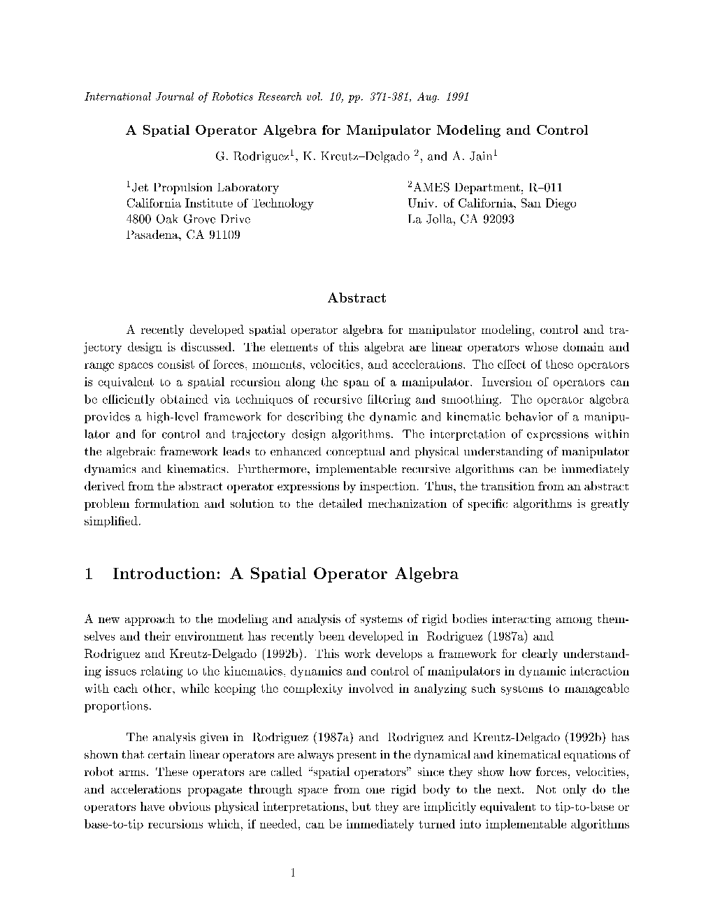 A Spatial Operator Algebra