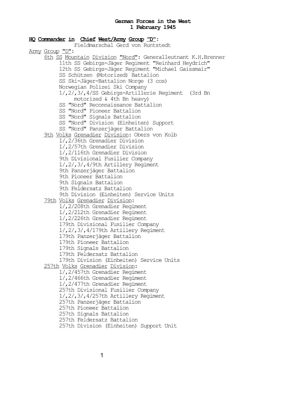 German Forces in the West, 1 February 1945