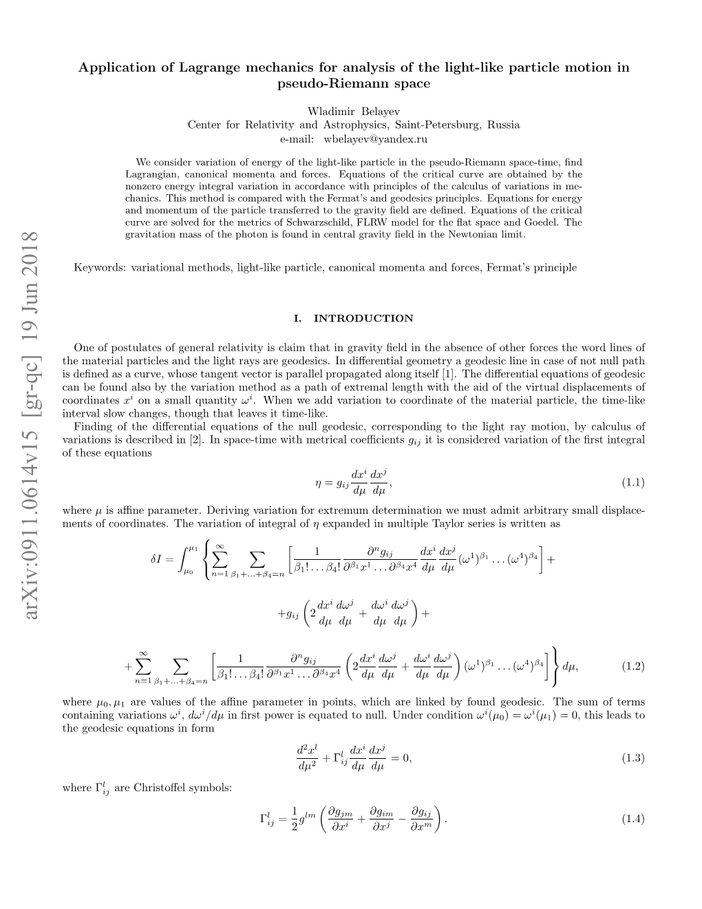 Arxiv:0911.0614V15 [Gr-Qc] 19 Jun 2018 Fteeequations These of Nevlso Hne,Tog Htlae Ttime-Like