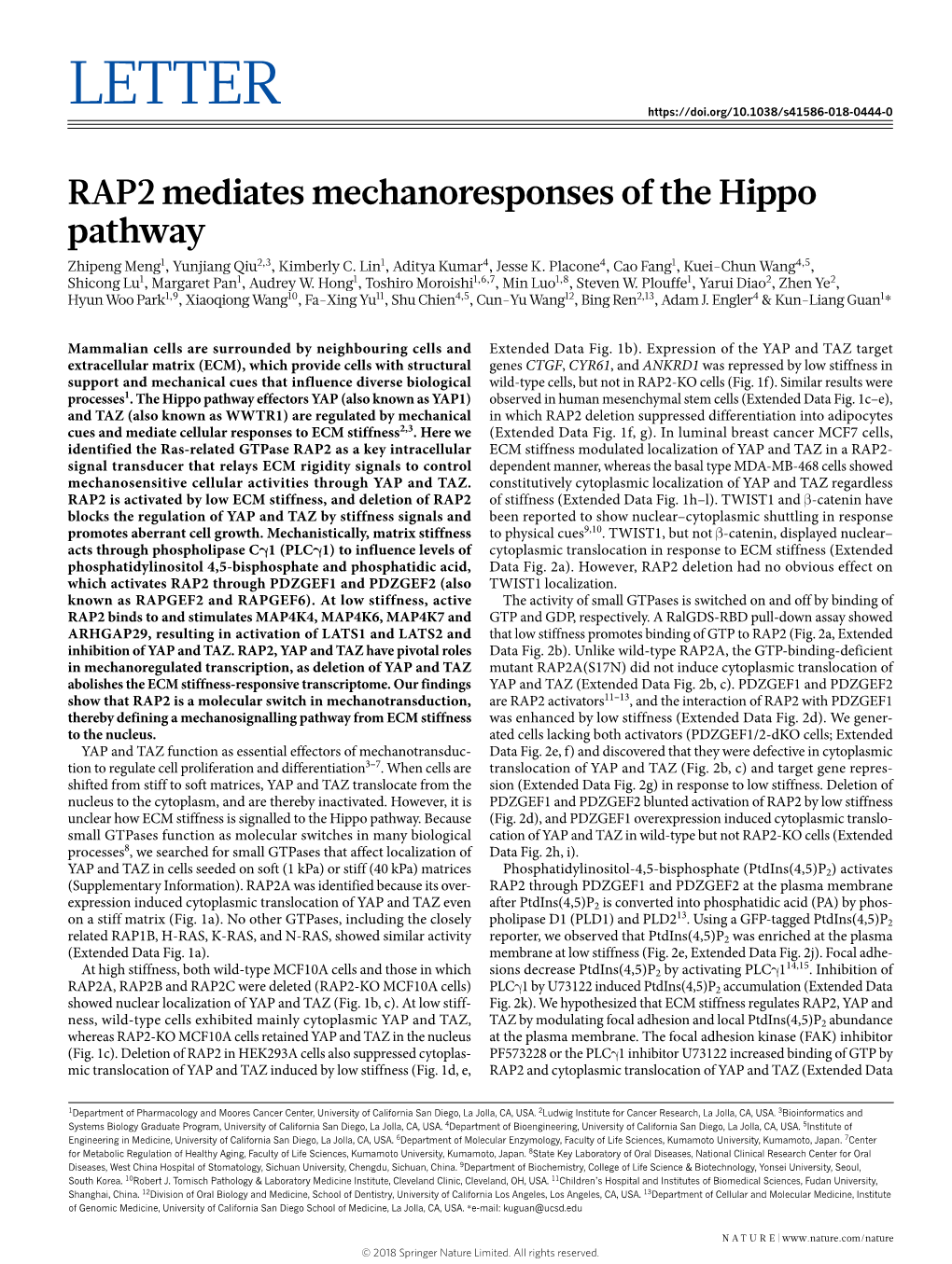 RAP2 Mediates Mechanoresponses of the Hippo Pathway Zhipeng Meng1, Yunjiang Qiu2,3, Kimberly C