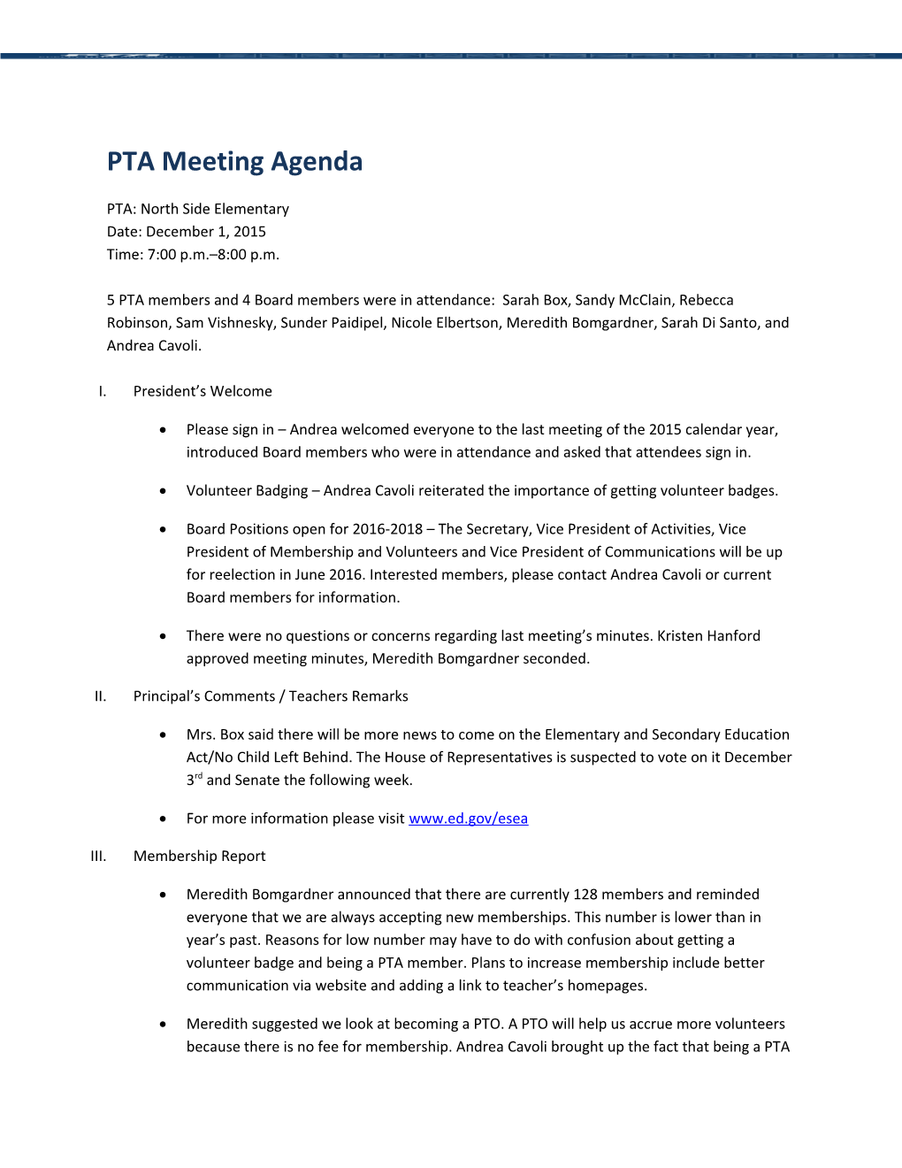 PTA Meeting Agenda