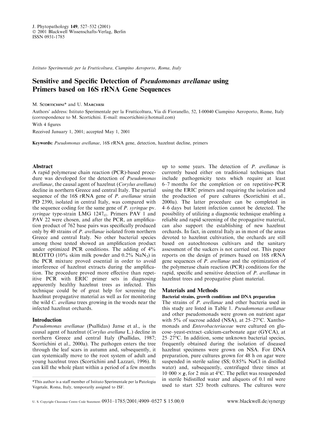 Sensitive and Specific Detection of Pseudomonas Avellanae Using
