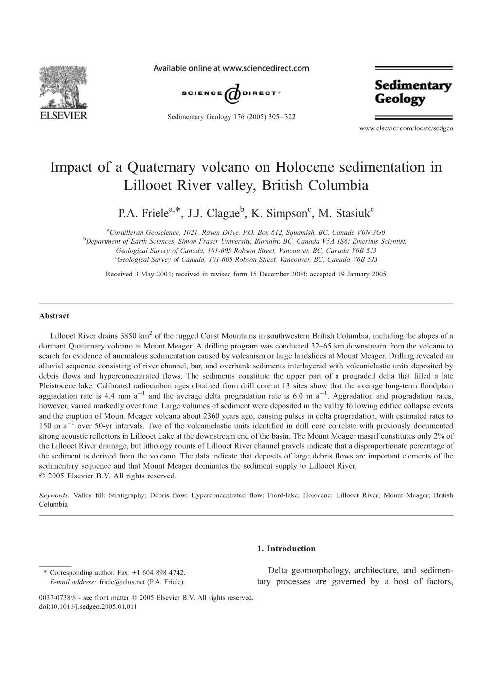 Impact of a Quaternary Volcano on Holocene Sedimentation in Lillooet River Valley, British Columbia