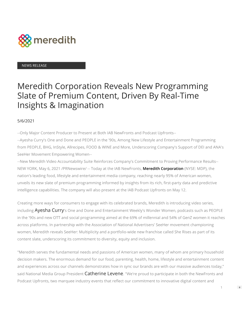 Meredith Corporation Reveals New Programming Slate of Premium Content, Driven by Real-Time Insights & Imagination