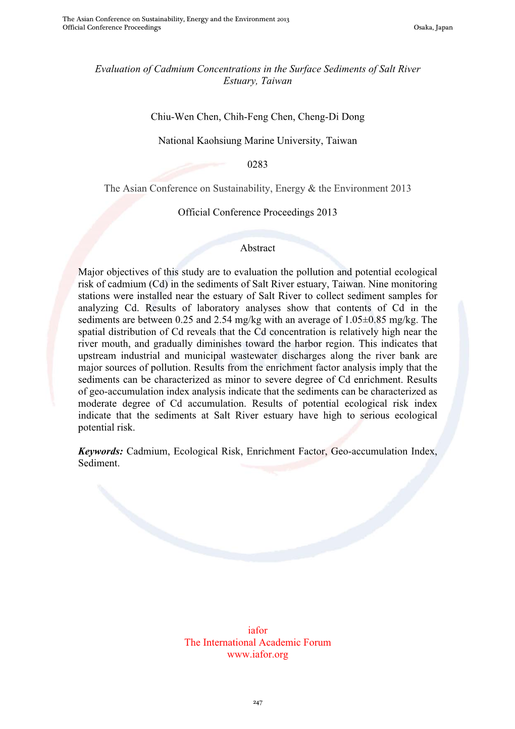 Evaluation of Cadmium Concentrations in the Surface Sediments of Salt River Estuary, Taiwan