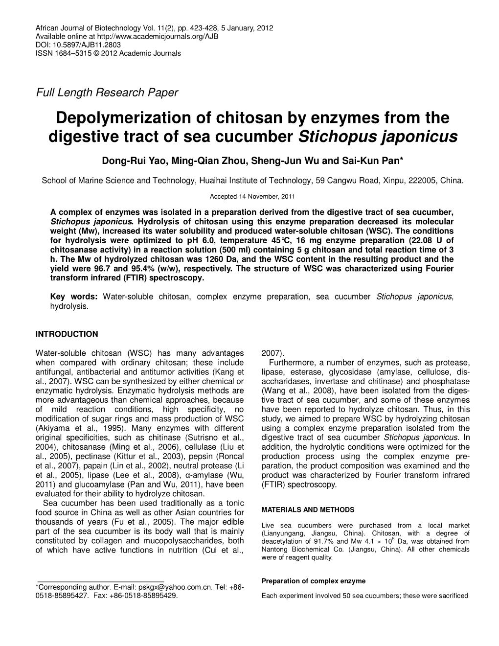 Depolymerization of Chitosan by Enzymes from the Digestive Tract of Sea Cucumber Stichopus Japonicus