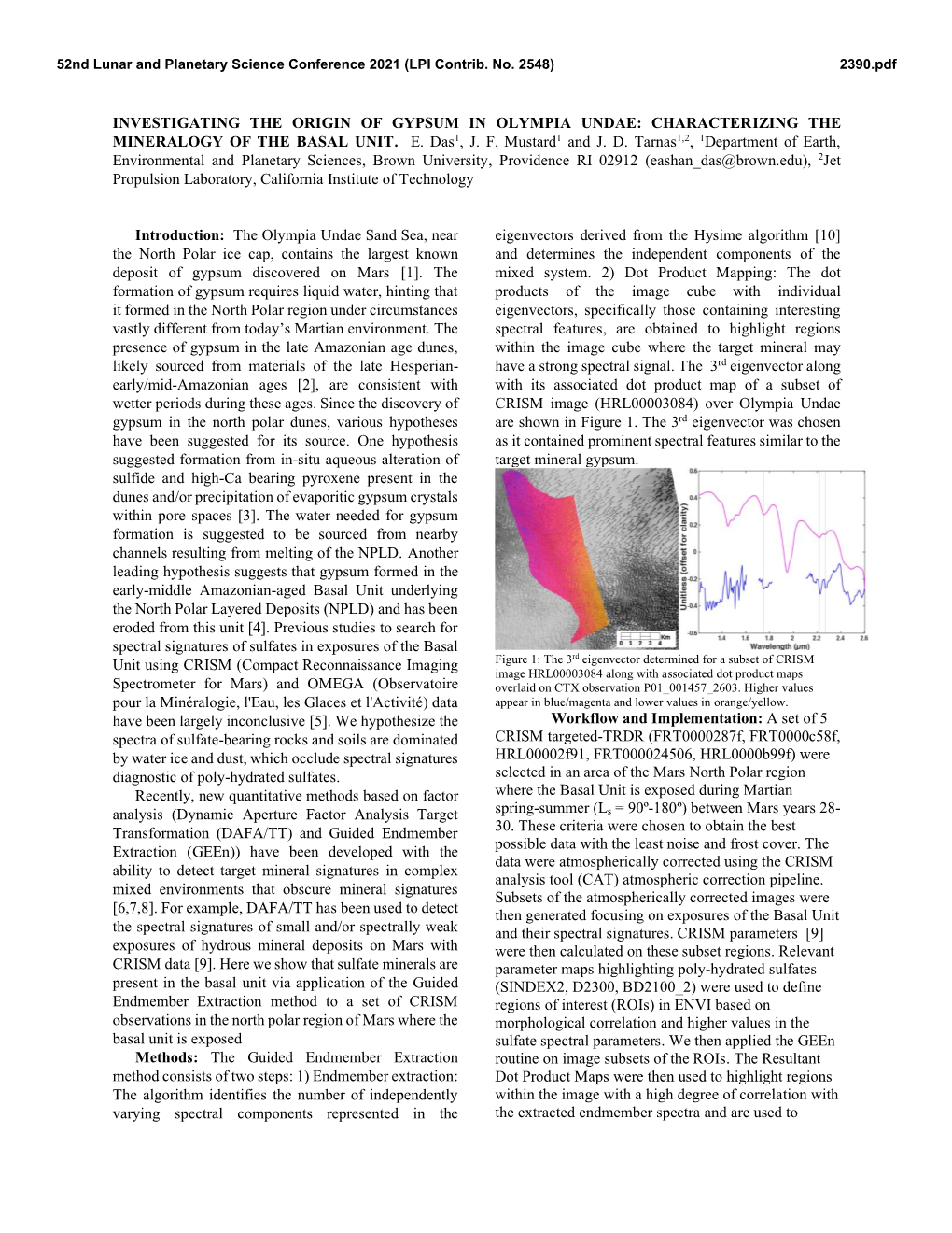 INVESTIGATING the ORIGIN of GYPSUM in OLYMPIA UNDAE: CHARACTERIZING the MINERALOGY of the BASAL UNIT. E. Das1, J. F. Mustard1 and J