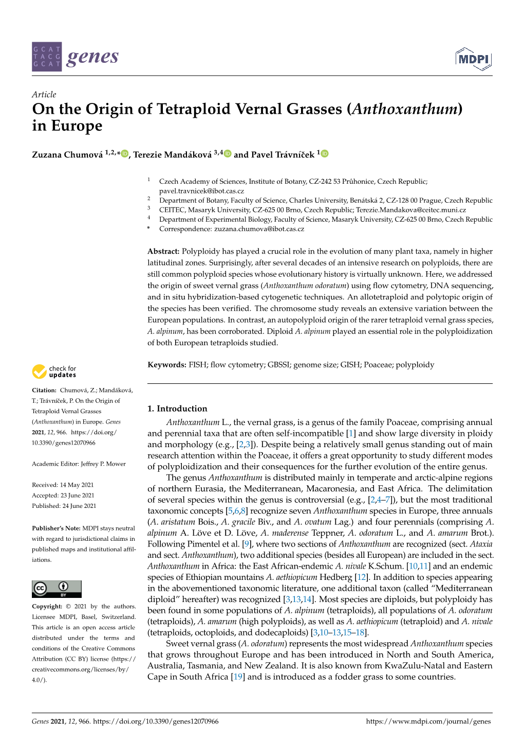 On the Origin of Tetraploid Vernal Grasses (Anthoxanthum) in Europe